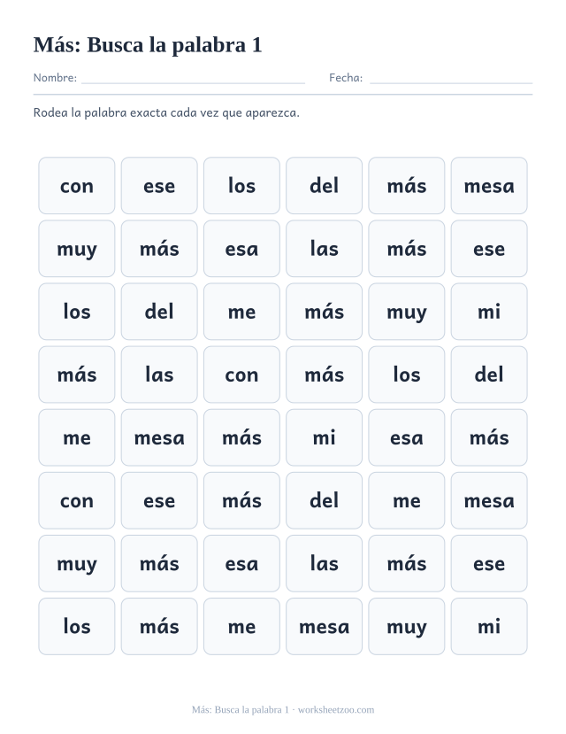 Ficha de la palabra frecuente «más», busca la palabra 1 para imprimir