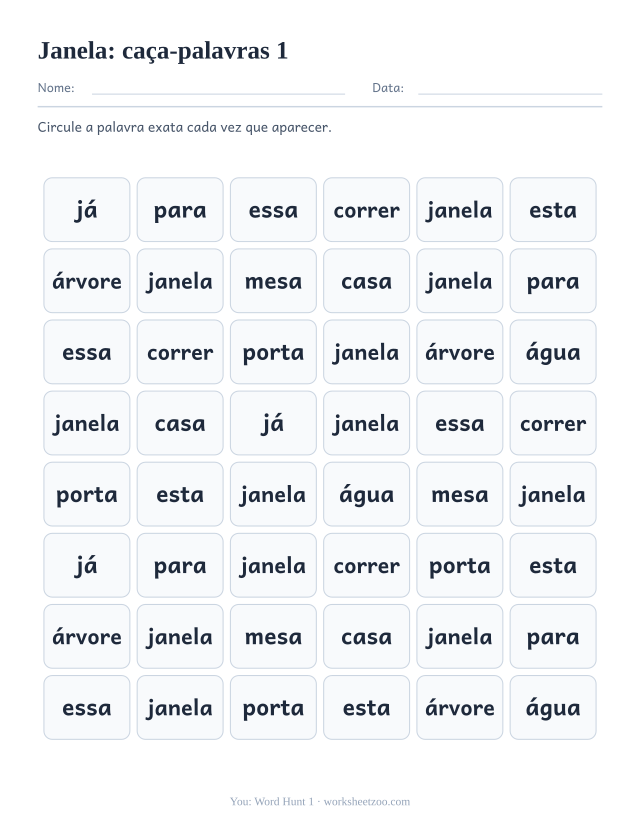 Prévia da palavra frequente “janela”, caça-palavras 1