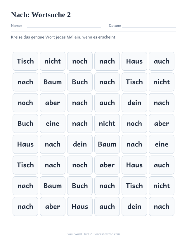 Vorschau: häufiges Wort „nach“, Wortsuche 2