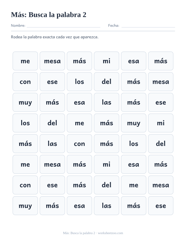 Ficha de la palabra frecuente «más», busca la palabra 2 para imprimir