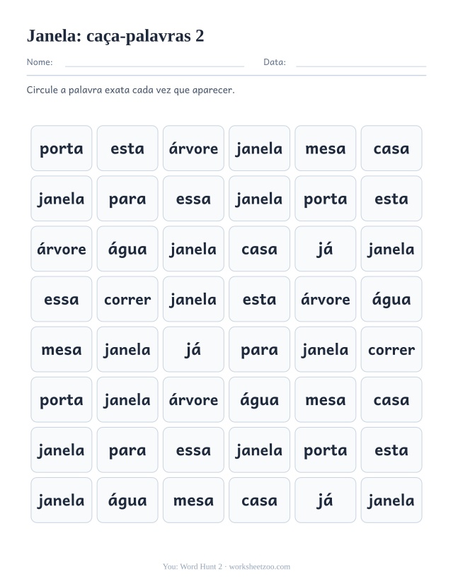 Prévia da palavra frequente “janela”, caça-palavras 2