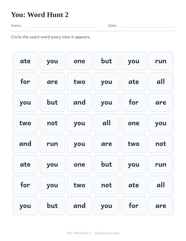 Sight word “you” worksheet, word hunt 2 printable activity