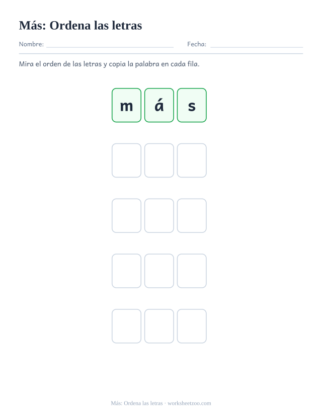 Ficha de la palabra frecuente «más», ordena las letras para imprimir