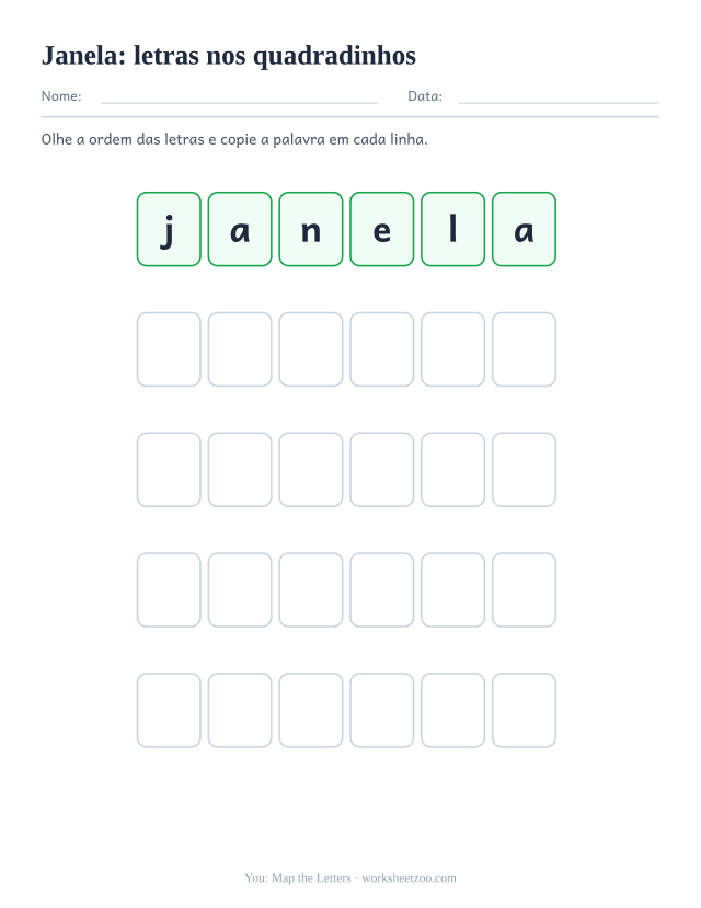 Prévia da palavra frequente “janela”, letras nos quadradinhos
