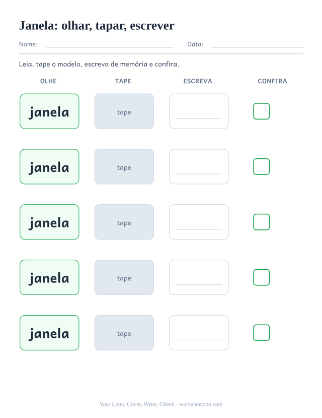 Prévia da palavra frequente “janela”, olhar, tapar, escrever