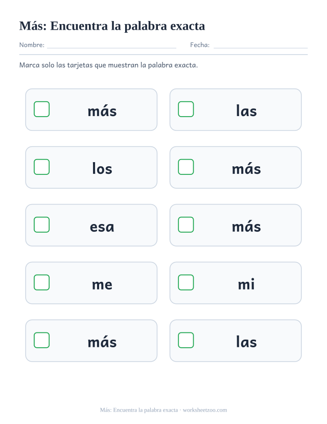 Ficha de la palabra frecuente «más», encuentra la palabra exacta para imprimir