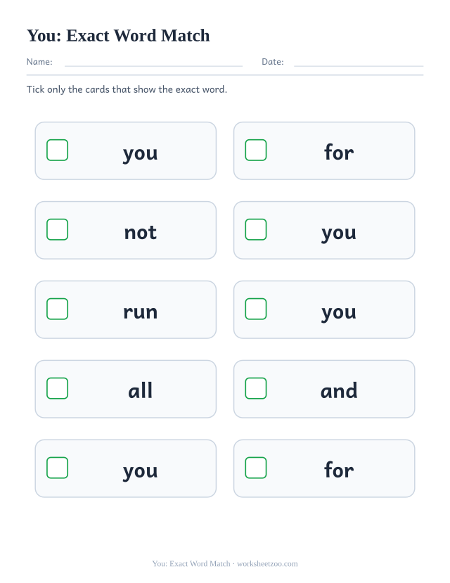 Sight word “you” worksheet, exact word match printable activity
