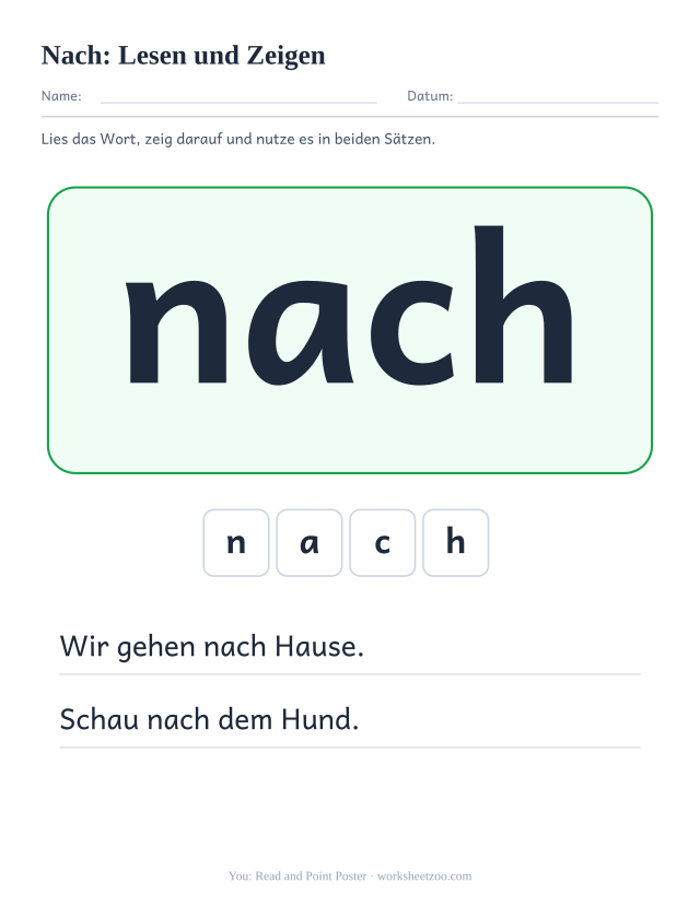 Vorschau: häufiges Wort „nach“, Lesen und Zeigen