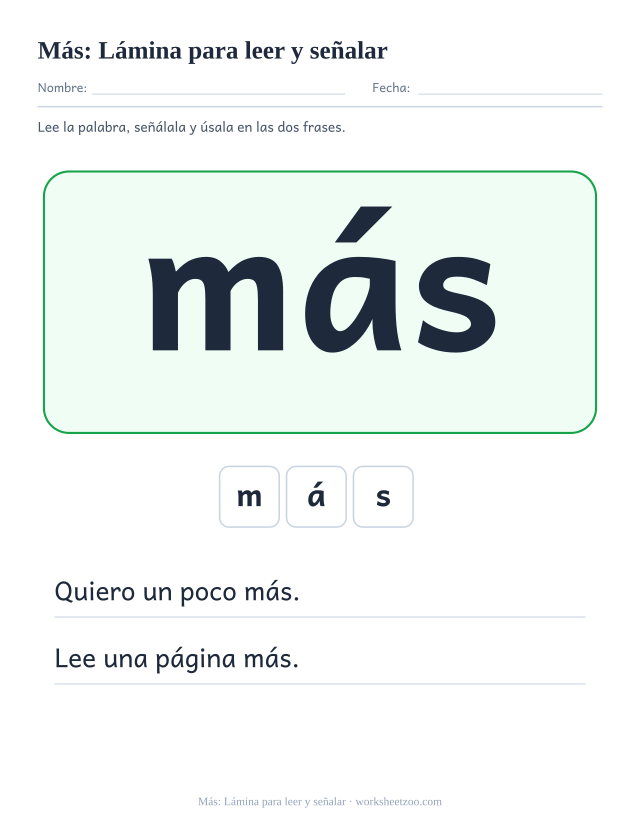 Ficha de la palabra frecuente «más», lámina para leer y señalar para imprimir