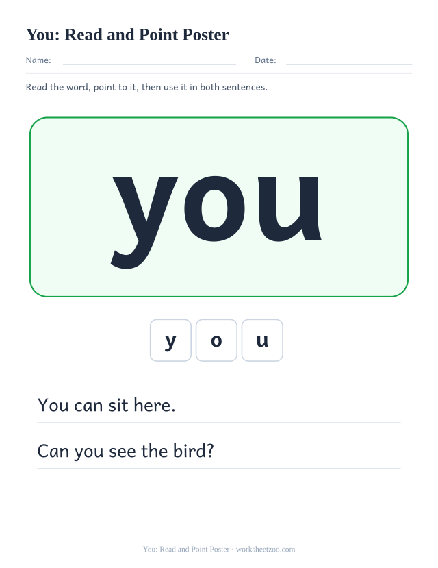 Sight word “you” worksheet, read and point poster printable activity