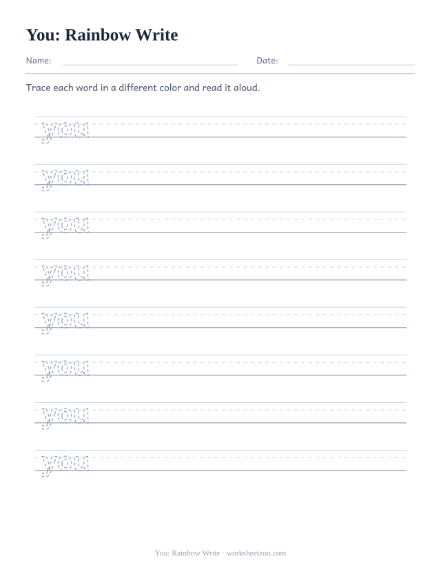Sight word “you” worksheet, rainbow write printable activity