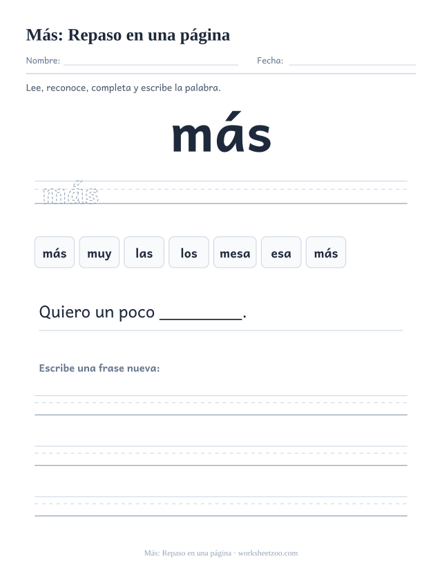 Ficha de la palabra frecuente «más», repaso en una página para imprimir