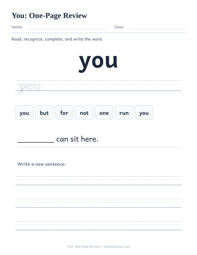 Sight word “you” worksheet, one-page review printable activity