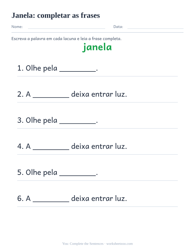 Prévia da palavra frequente “janela”, completar as frases