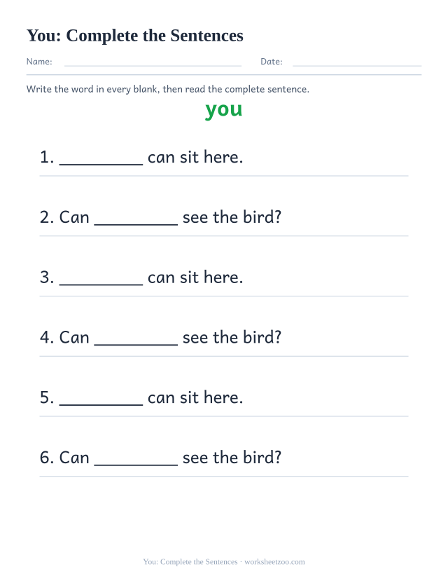 Sight word “you” worksheet, complete the sentences printable activity
