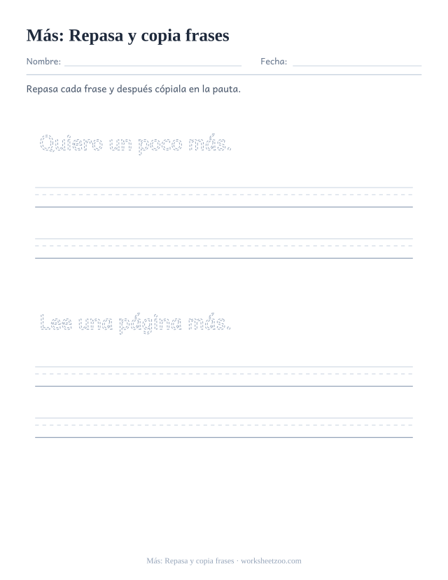 Ficha de la palabra frecuente «más», repasa y copia frases para imprimir