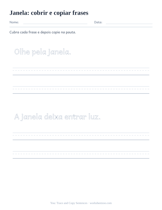 Prévia da palavra frequente “janela”, cobrir e copiar frases