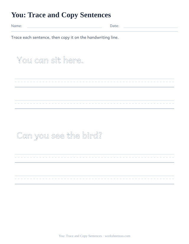 Sight word “you” worksheet, trace and copy sentences printable activity