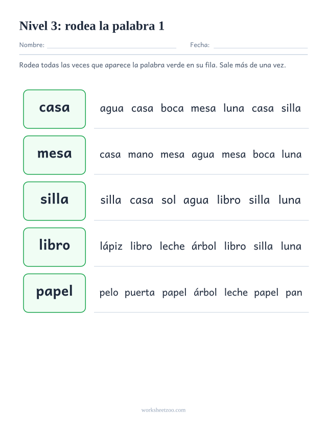 Ficha de lectura para localizar casa, mesa, silla, libro entre palabras parecidas del Nivel 3