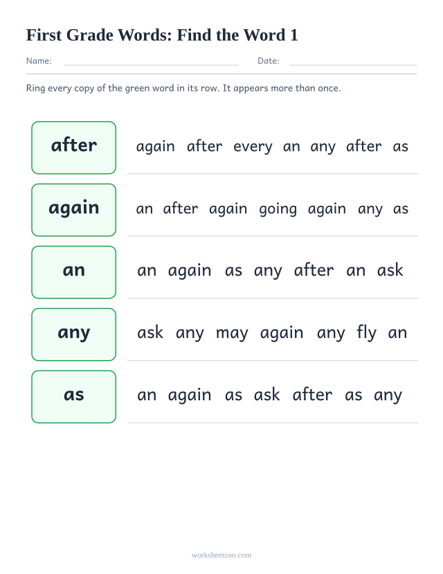 Sight words recognition worksheet, finding after, again, an, any among lookalike First Grade words