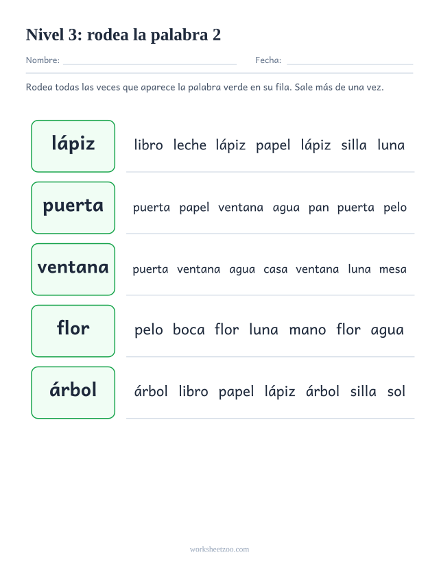 Ficha de lectura para localizar lápiz, puerta, ventana, flor entre palabras parecidas del Nivel 3