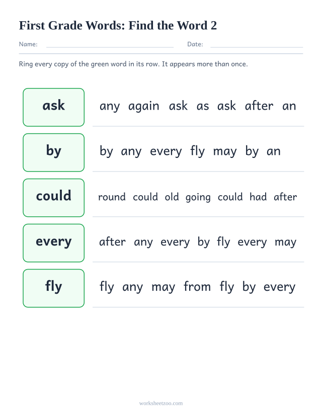 Sight words recognition worksheet, finding ask, by, could, every among lookalike First Grade words