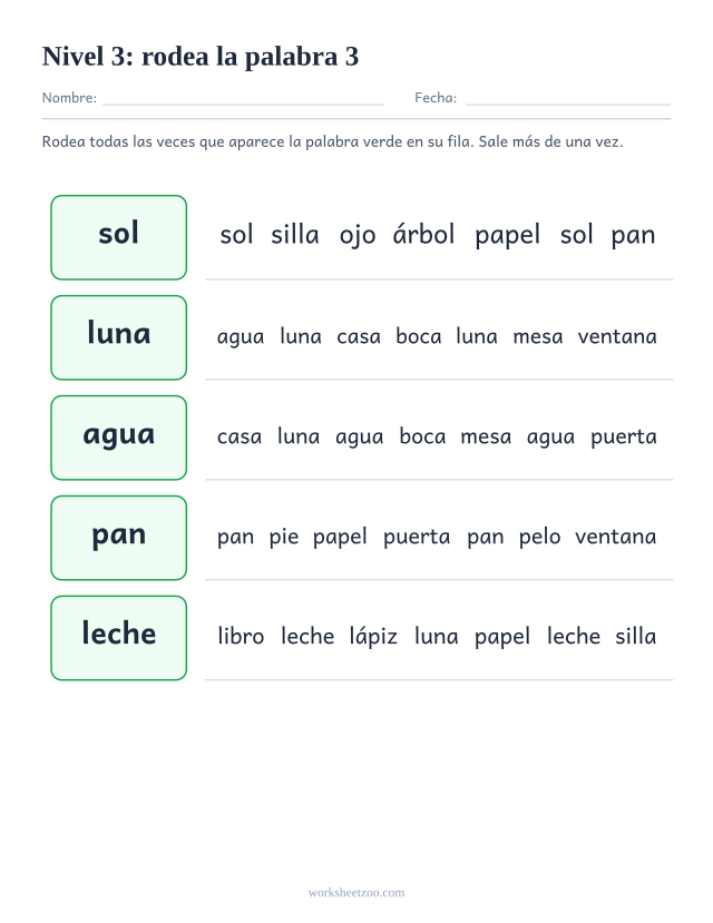 Ficha de lectura para localizar sol, luna, agua, pan entre palabras parecidas del Nivel 3