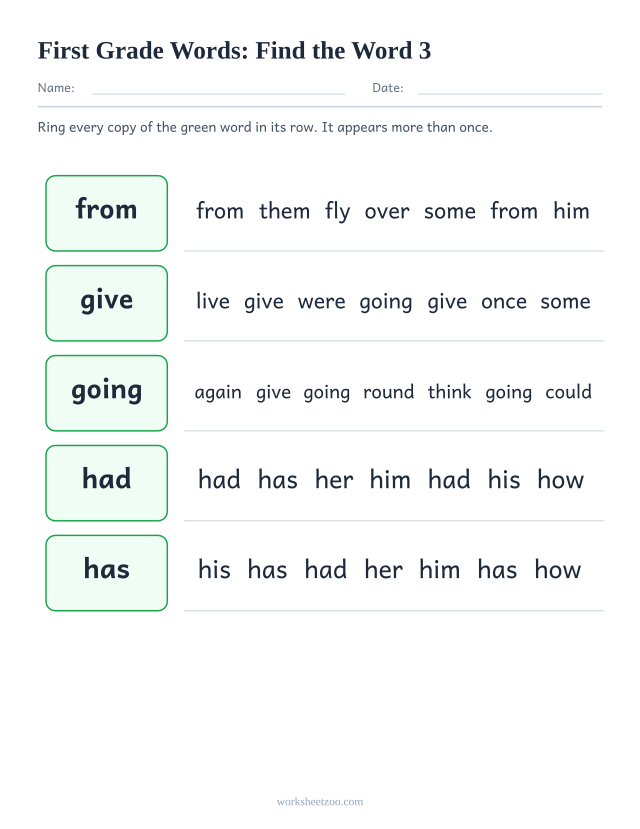 Sight words recognition worksheet, finding from, give, going, had among lookalike First Grade words