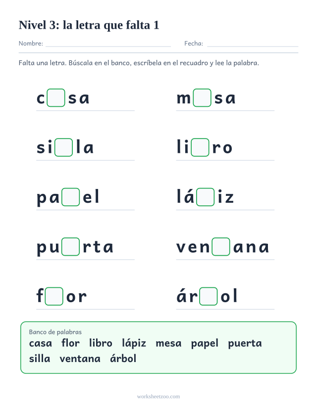 Ficha de lectura con la letra que falta en diez palabras del Nivel 3 como casa, mesa, silla, libro