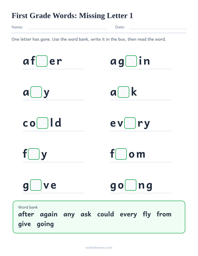 Sight words missing letter worksheet, ten First Grade words such as after, again, any, ask with one letter blanked