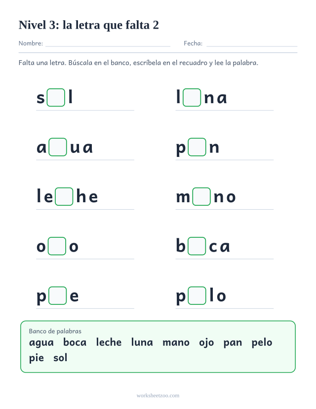 Ficha de lectura con la letra que falta en diez palabras del Nivel 3 como sol, luna, agua, pan