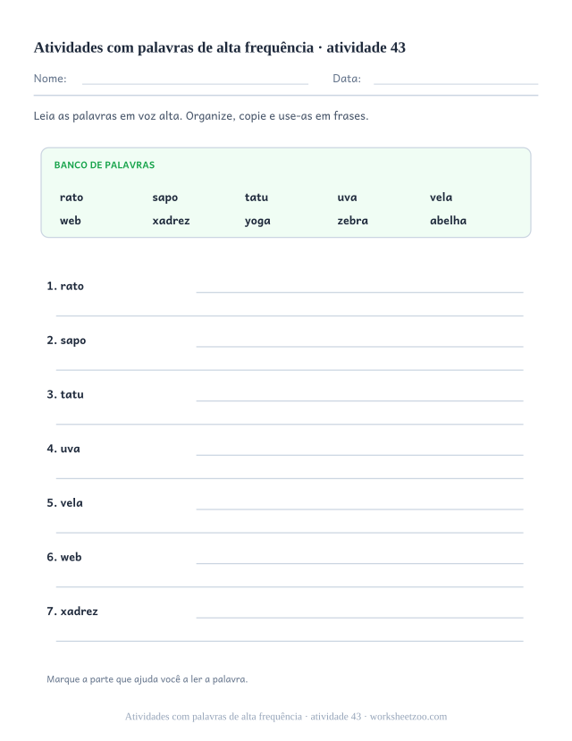 Prévia de Atividades com palavras de alta frequência, atividade 43 para imprimir
