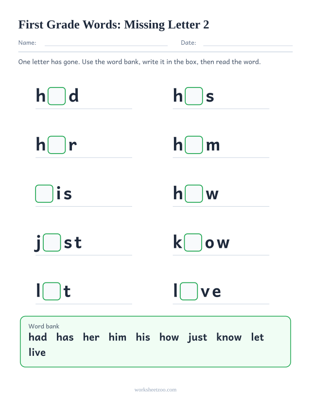 Sight words missing letter worksheet, ten First Grade words such as had, has, her, him with one letter blanked