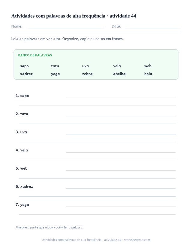 Prévia de Atividades com palavras de alta frequência, atividade 44 para imprimir