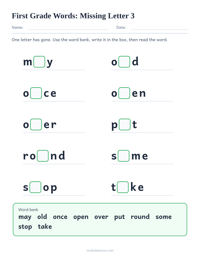 Sight words missing letter worksheet, ten First Grade words such as may, old, once, open with one letter blanked