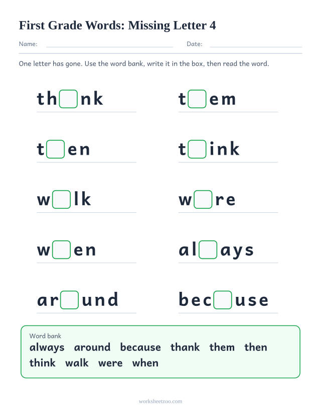 Sight words missing letter worksheet, ten First Grade words such as thank, them, then, think with one letter blanked