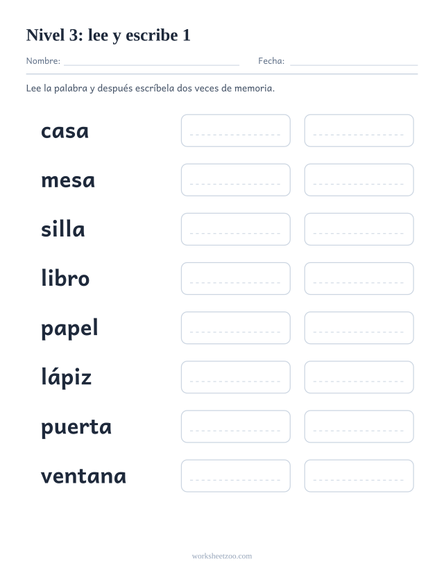 Ficha de lectura para leer y escribir ocho palabras del Nivel 3, entre ellas casa, mesa, silla, libro