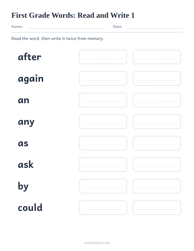 Sight words read and write worksheet, eight First Grade words including after, again, an, any
