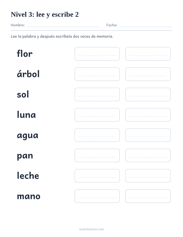 Ficha de lectura para leer y escribir ocho palabras del Nivel 3, entre ellas flor, árbol, sol, luna