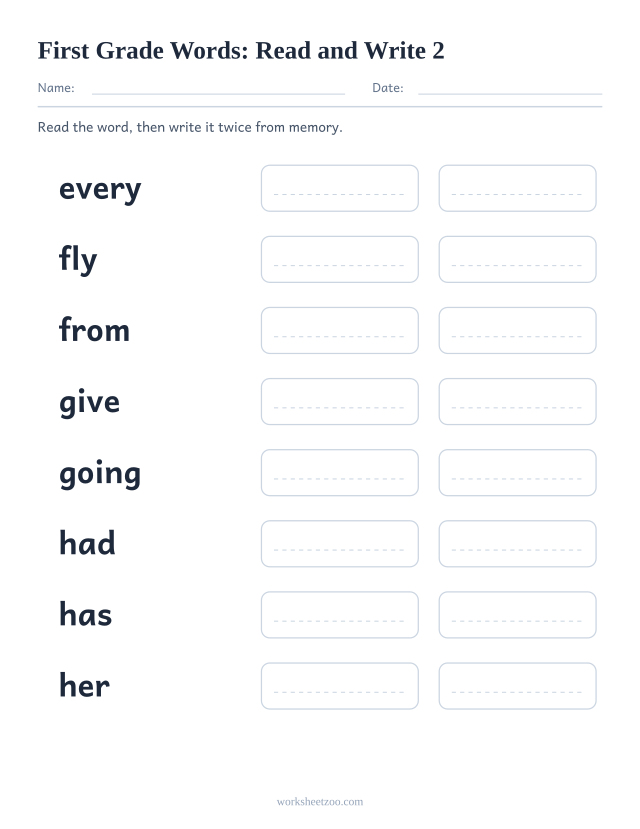 Sight words read and write worksheet, eight First Grade words including every, fly, from, give
