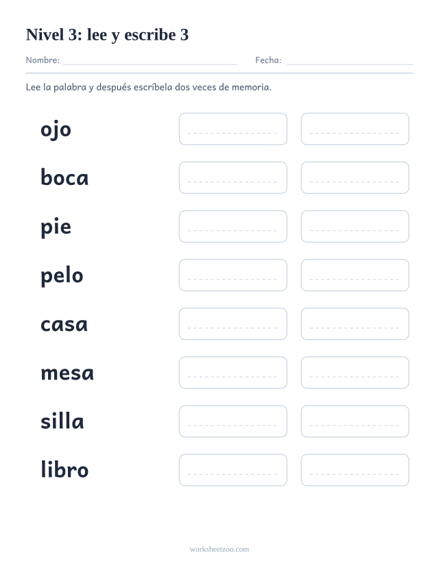 Ficha de lectura para leer y escribir ocho palabras del Nivel 3, entre ellas ojo, boca, pie, pelo