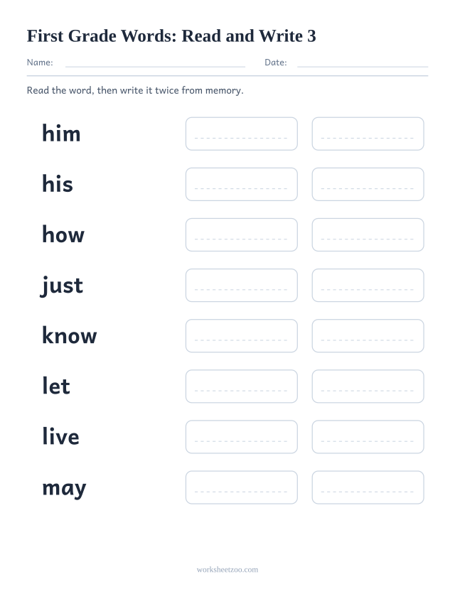 Sight words read and write worksheet, eight First Grade words including him, his, how, just