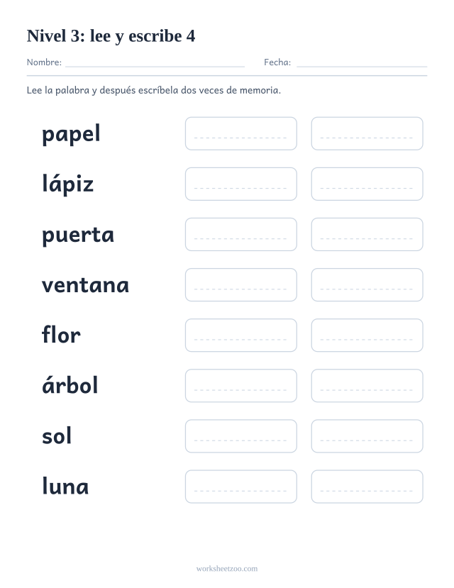 Ficha de lectura para leer y escribir ocho palabras del Nivel 3, entre ellas papel, lápiz, puerta, ventana