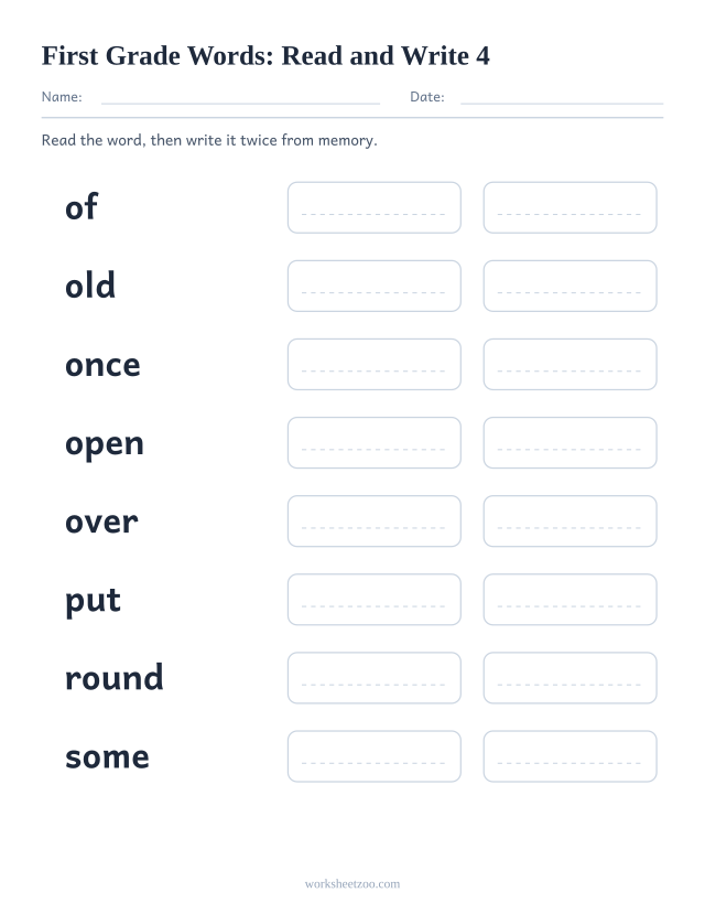 Sight words read and write worksheet, eight First Grade words including of, old, once, open