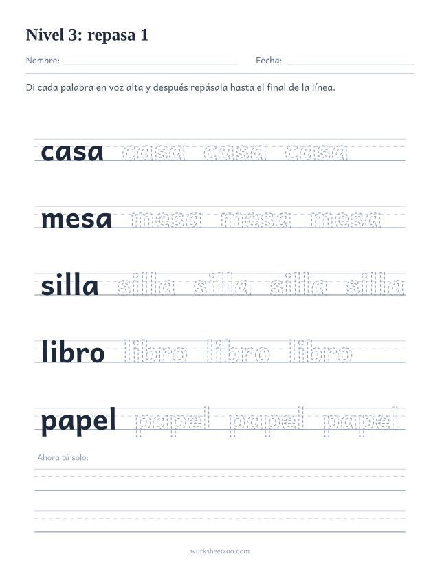 Ficha de lectura para repasar las palabras casa, mesa, silla, libro, papel sobre pauta