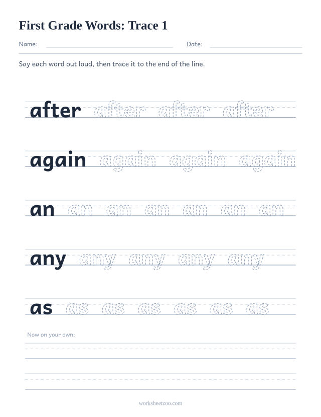 Sight words tracing worksheet, First Grade words after, again, an, any, as on handwriting guides