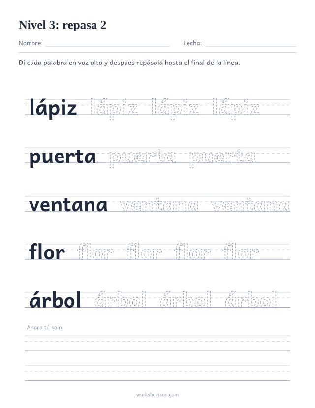 Ficha de lectura para repasar las palabras lápiz, puerta, ventana, flor, árbol sobre pauta