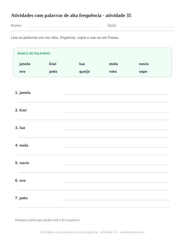 Prévia de Atividades com palavras de alta frequência, atividade 35 para imprimir
