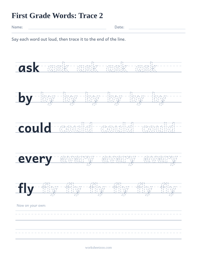 Sight words tracing worksheet, First Grade words ask, by, could, every, fly on handwriting guides