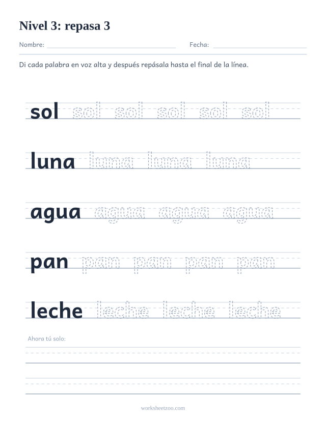 Ficha de lectura para repasar las palabras sol, luna, agua, pan, leche sobre pauta
